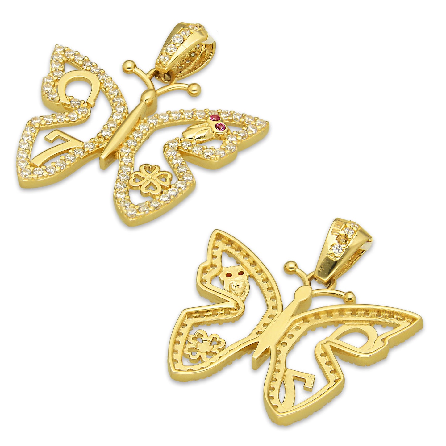 MR14DJ164 Dije Oro Sólido 14K EM Mariposa de la Suerte con Zirconias 2.4 cm x 2.6 cm