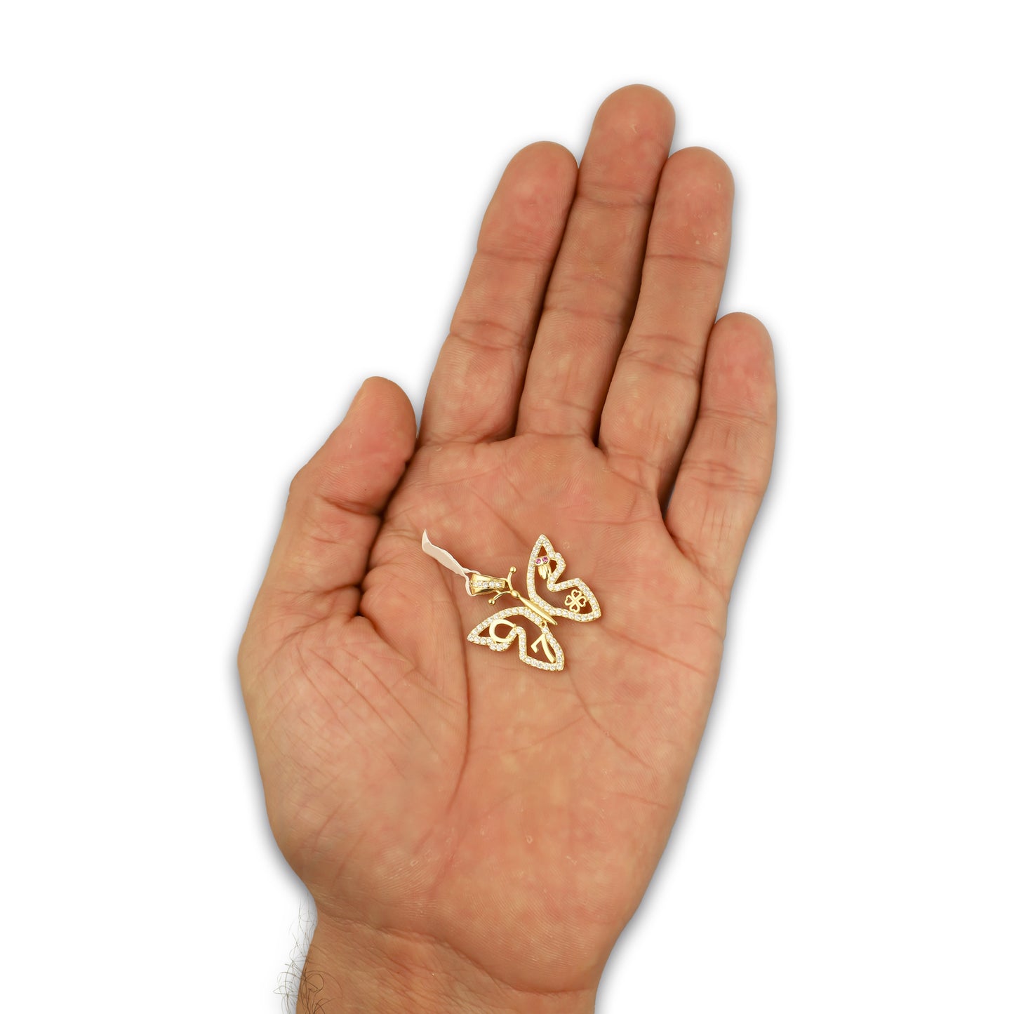 MR14DJ164 Dije Oro Sólido 14K EM Mariposa de la Suerte con Zirconias 2.4 cm x 2.6 cm