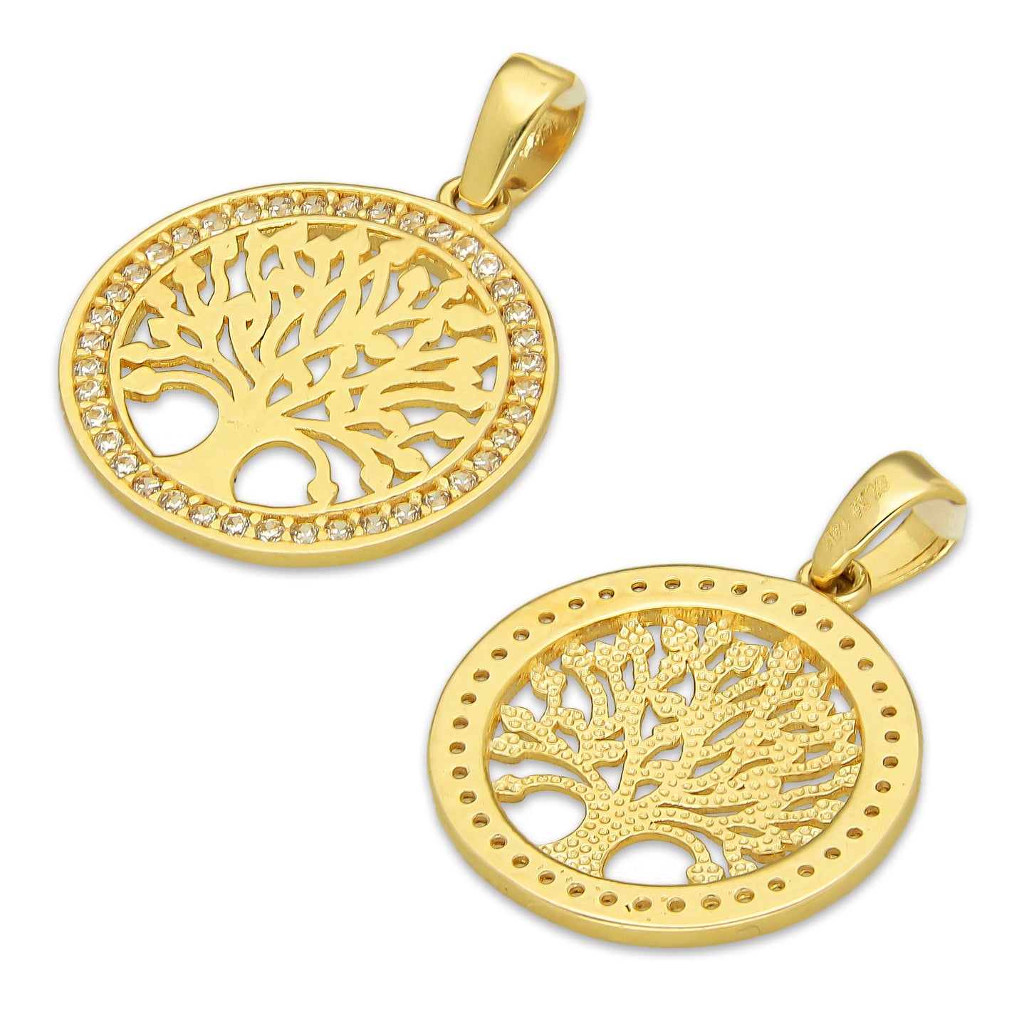 MR14DJ166 Dije Oro Sólido 14K EM Árbol de la Vida Bisel con Zirconias 1.6 cm x 2.3 cm