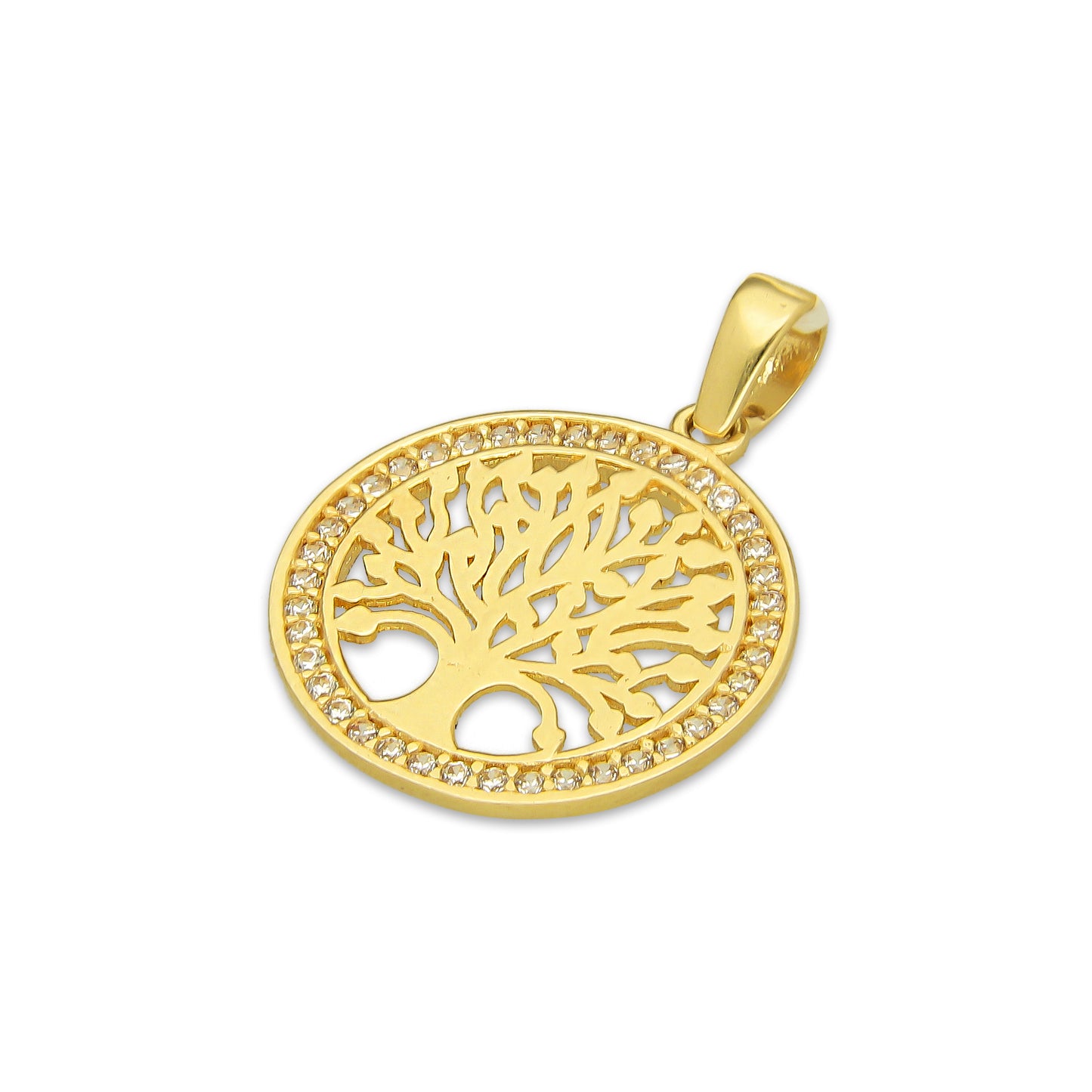 MR14DJ166 Dije Oro Sólido 14K EM Árbol de la Vida Bisel con Zirconias 1.6 cm x 2.3 cm