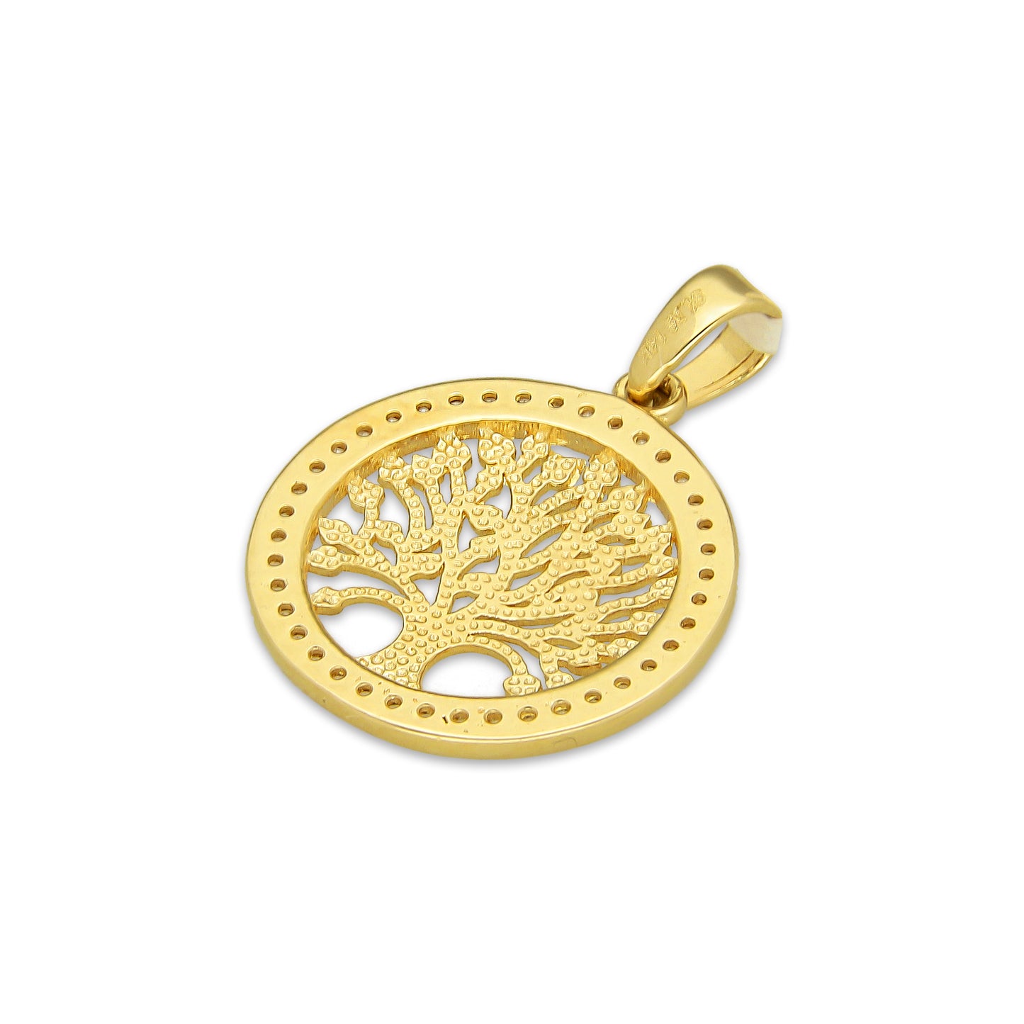 MR14DJ166 Dije Oro Sólido 14K EM Árbol de la Vida Bisel con Zirconias 1.6 cm x 2.3 cm