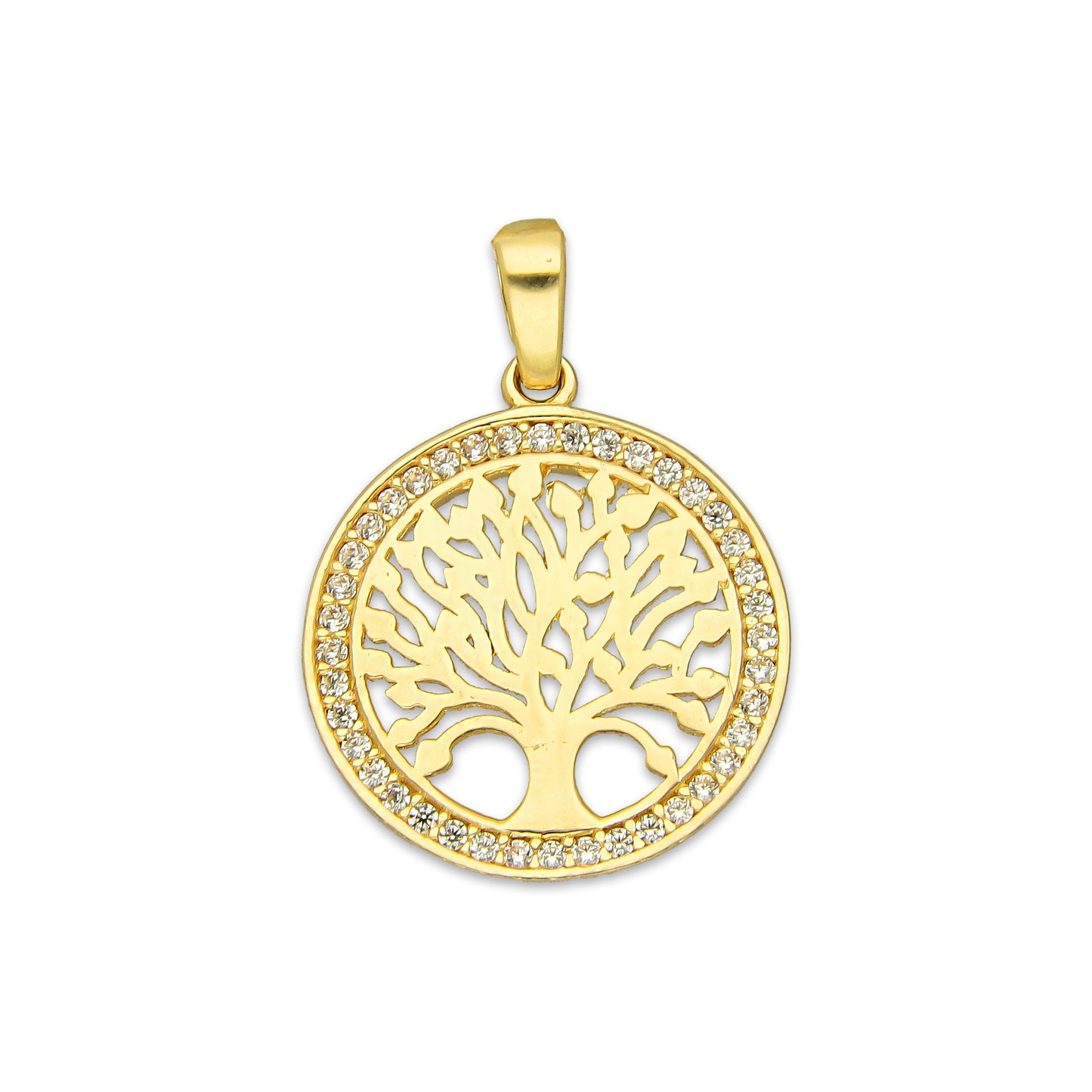 MR14DJ166 Dije Oro Sólido 14K EM Árbol de la Vida Bisel con Zirconias 1.6 cm x 2.3 cm