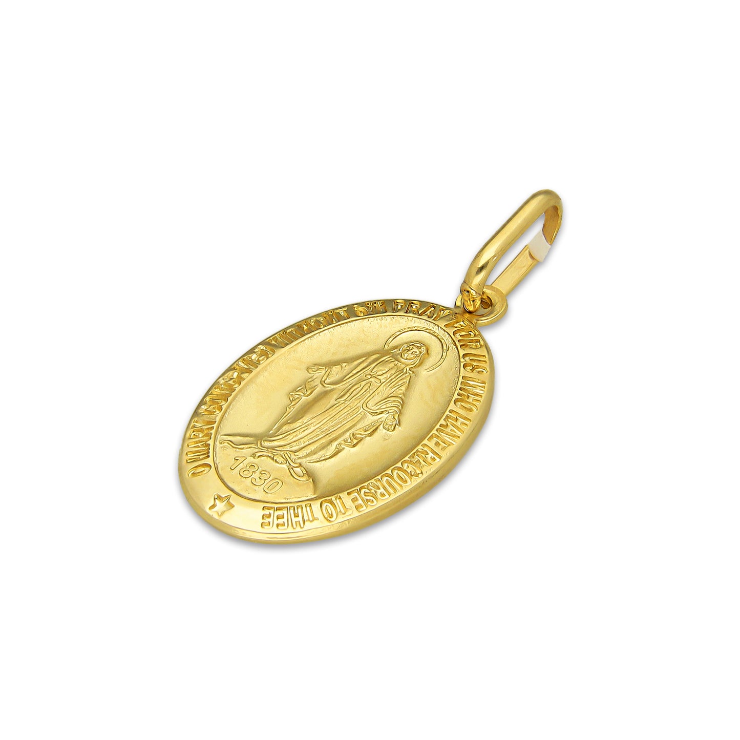 MR14DJ169 Dije Oro Sólido 14K EM Virgen MIlagrosa 1.3 cm x 2.9 cm