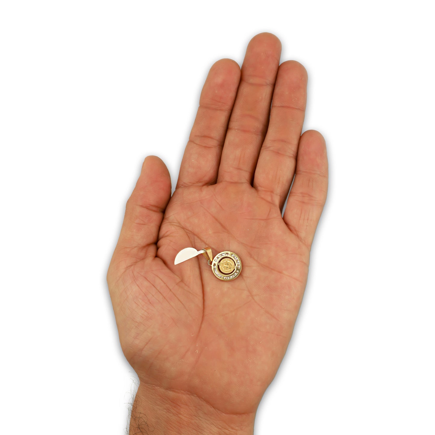 MR14DJ171 Dije Oro Sólido 14K EM San Benito Bisel con Zirconias 1.3 cm x 2.1 cm