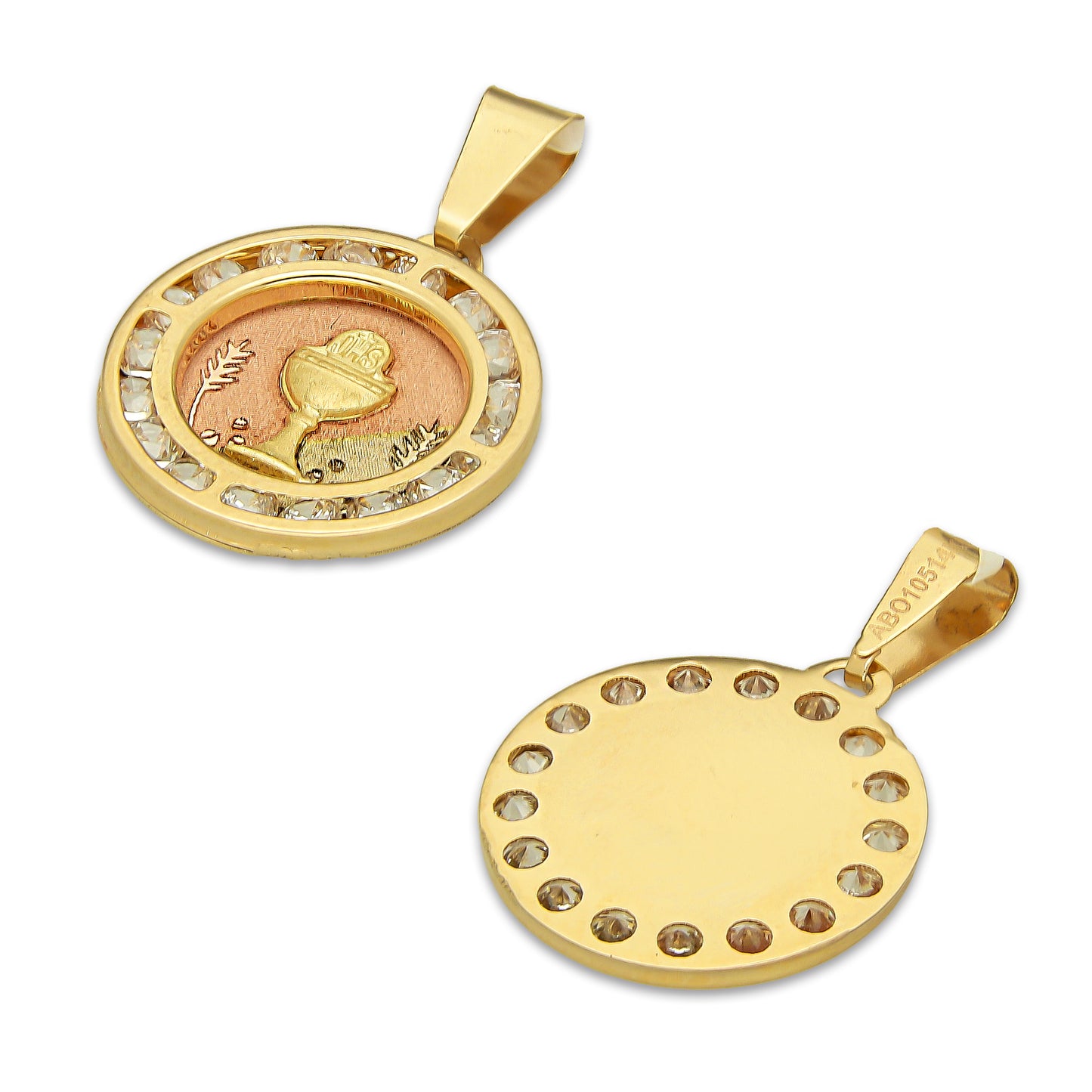 MR14DJ173 Dije Oro Sólido 14K EM Primera Comunión Redonda con Zirconias 1.5 cm x 2.3 cm