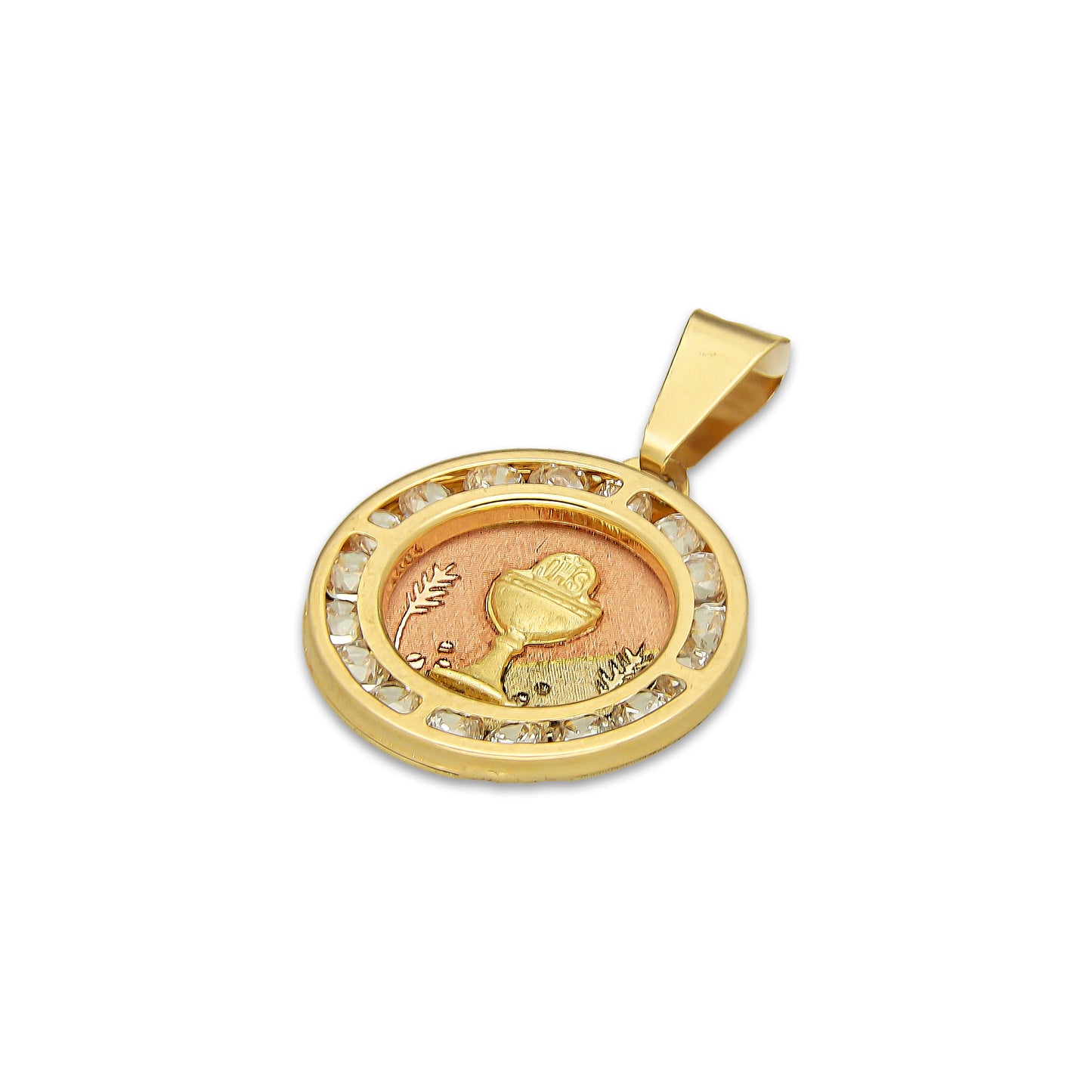 MR14DJ173 Dije Oro Sólido 14K EM Primera Comunión Redonda con Zirconias 1.5 cm x 2.3 cm