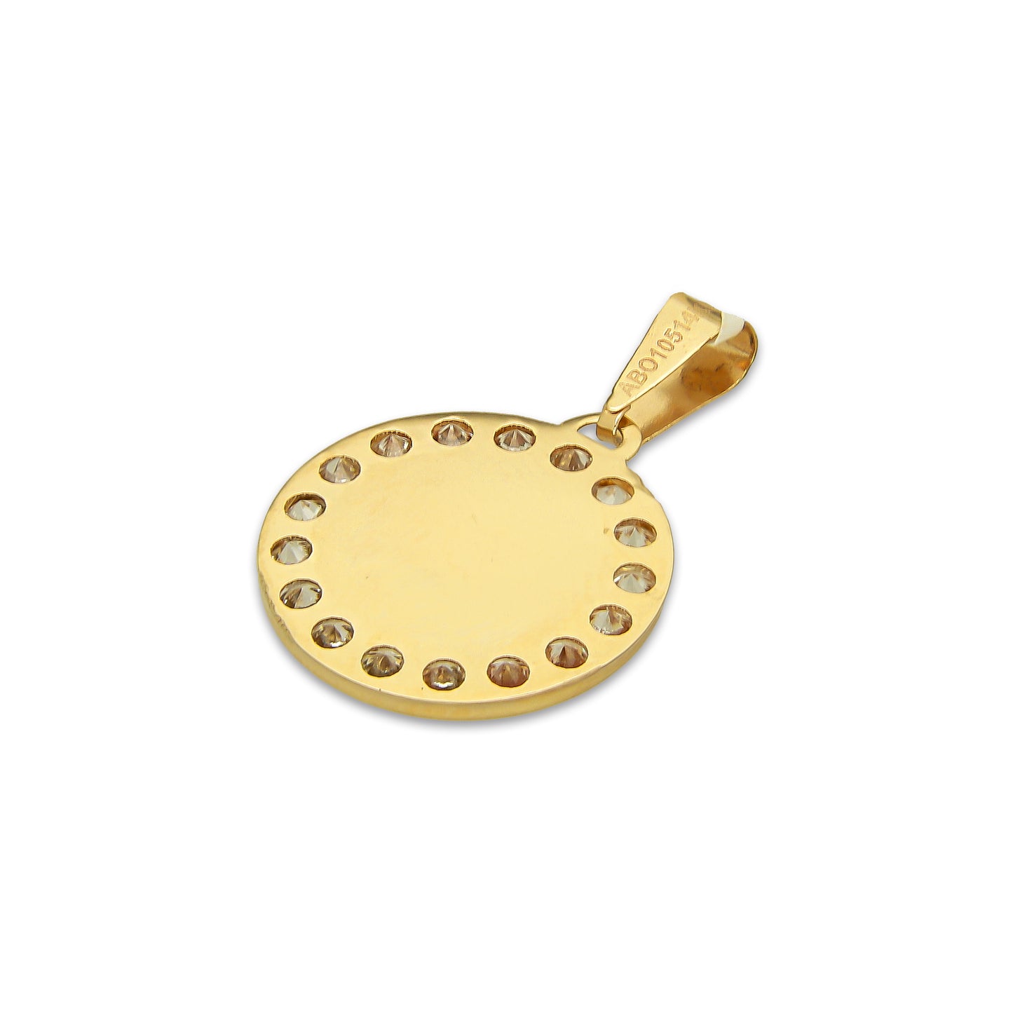 MR14DJ173 Dije Oro Sólido 14K EM Primera Comunión Redonda con Zirconias 1.5 cm x 2.3 cm