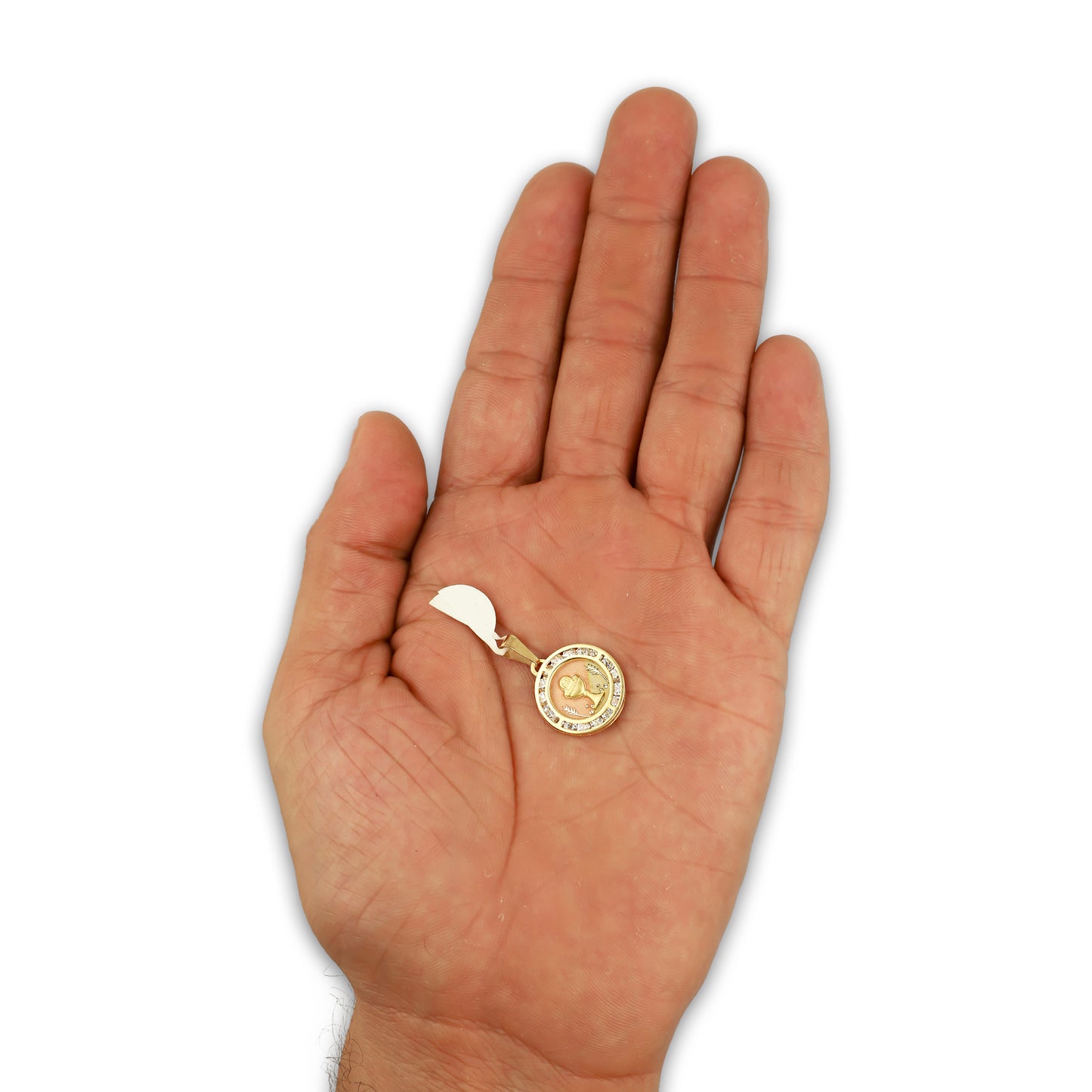 MR14DJ173 Dije Oro Sólido 14K EM Primera Comunión Redonda con Zirconias 1.5 cm x 2.3 cm