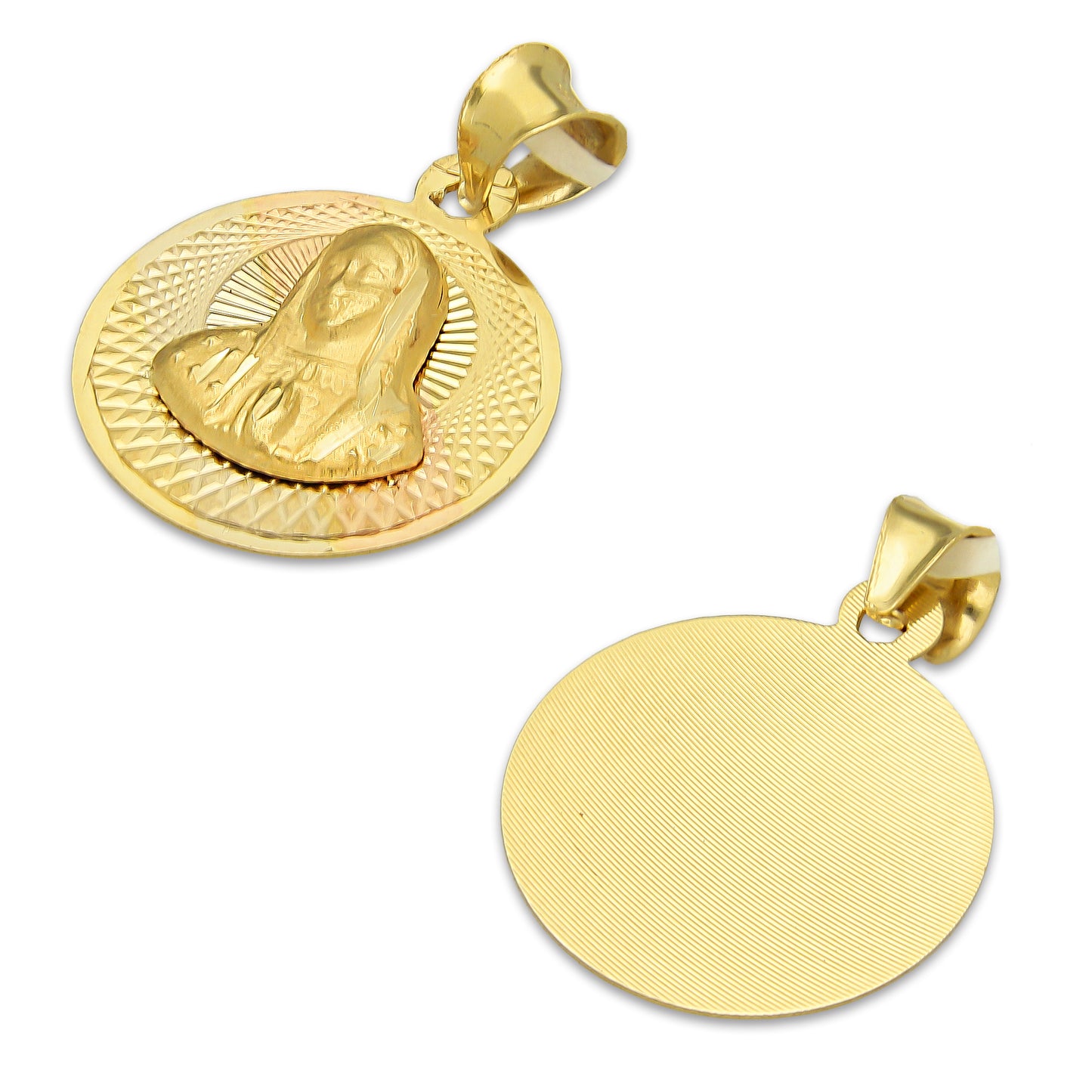 MR14DJ174 Dije Oro Sólido 14K EM Busto Virgen Redonda Diamantado Radial 1.6 cm x 2.3 cm