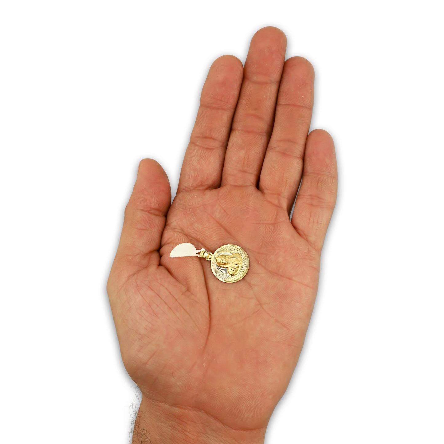 MR14DJ174 Dije Oro Sólido 14K EM Busto Virgen Redonda Diamantado Radial 1.6 cm x 2.3 cm