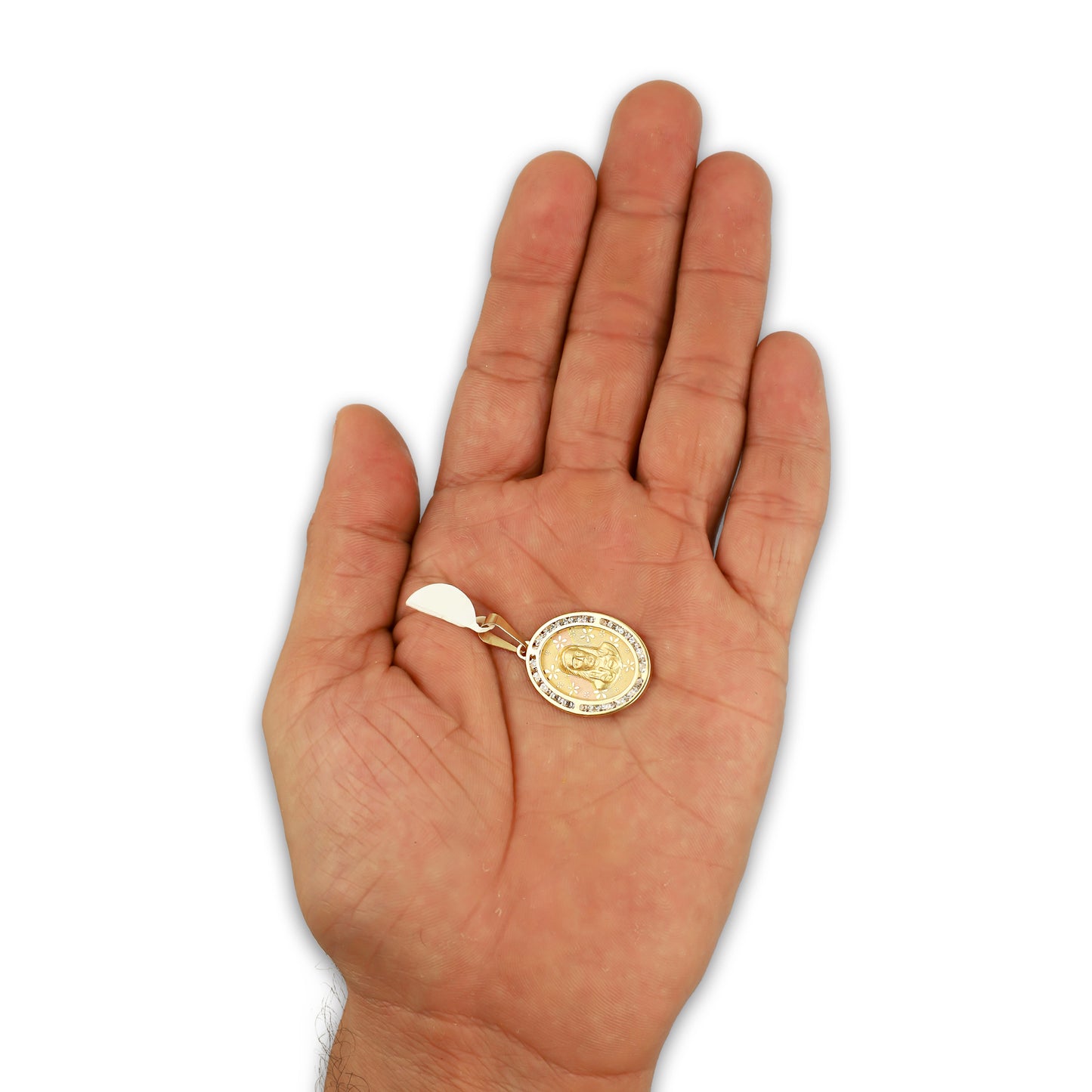 MR14DJ175 Dije Oro Sólido 14K EM Busto Sagrado Corazón Láser Florentino con Flores Láser Óvalo Bisel con Zirconias 1.7 cm x 3.1 cm