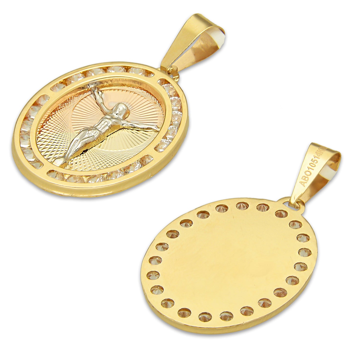 MR14DJ176 Dije Oro Sólido 14K EM Cristo Óvalo Bisel con Zirconias 1.7 cm x 3.1 cm