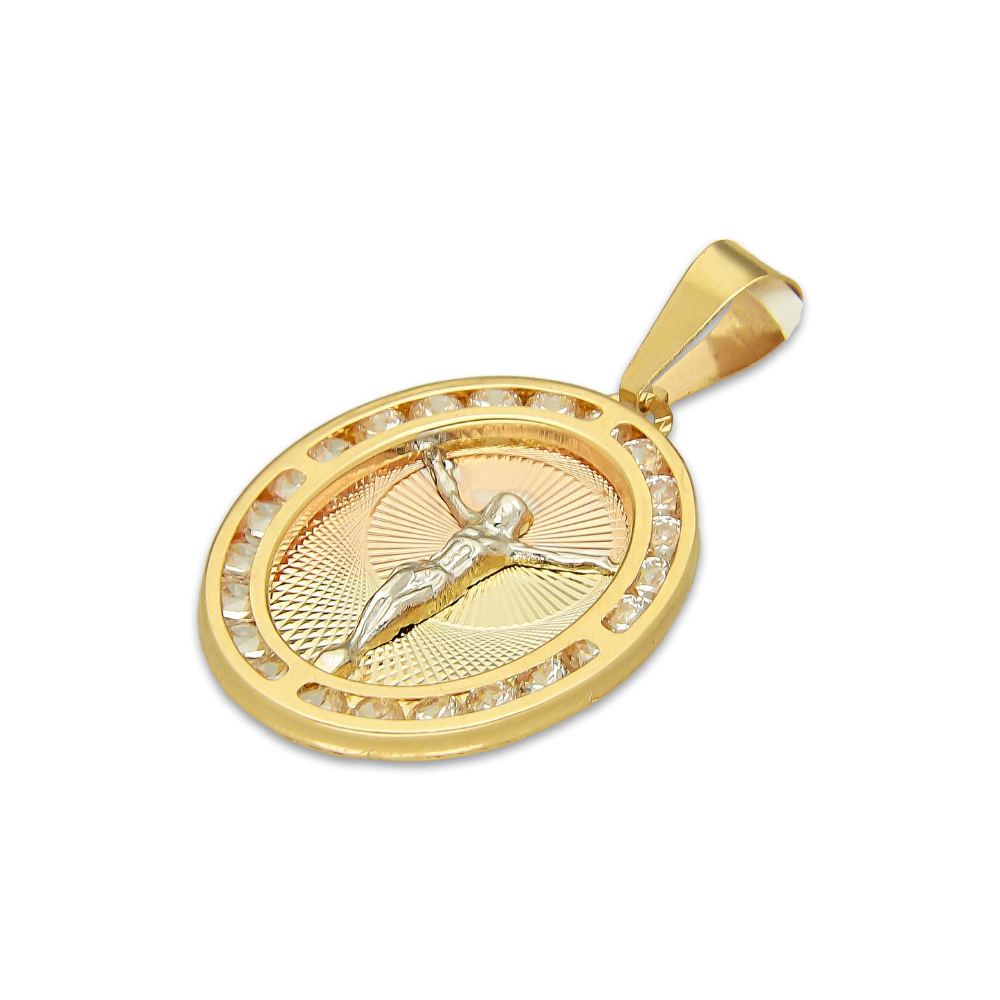 MR14DJ176 Dije Oro Sólido 14K EM Cristo Óvalo Bisel con Zirconias 1.7 cm x 3.1 cm