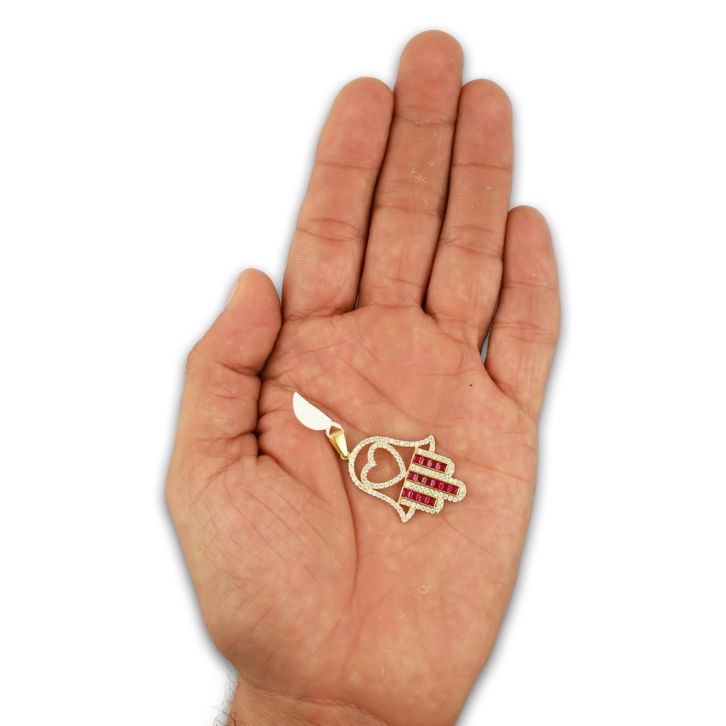 MR14DJ182 Dije Oro Sólido 14K EM Mano de Fatima Azul Centro Corazón 2.2 cm x 3.6 cm