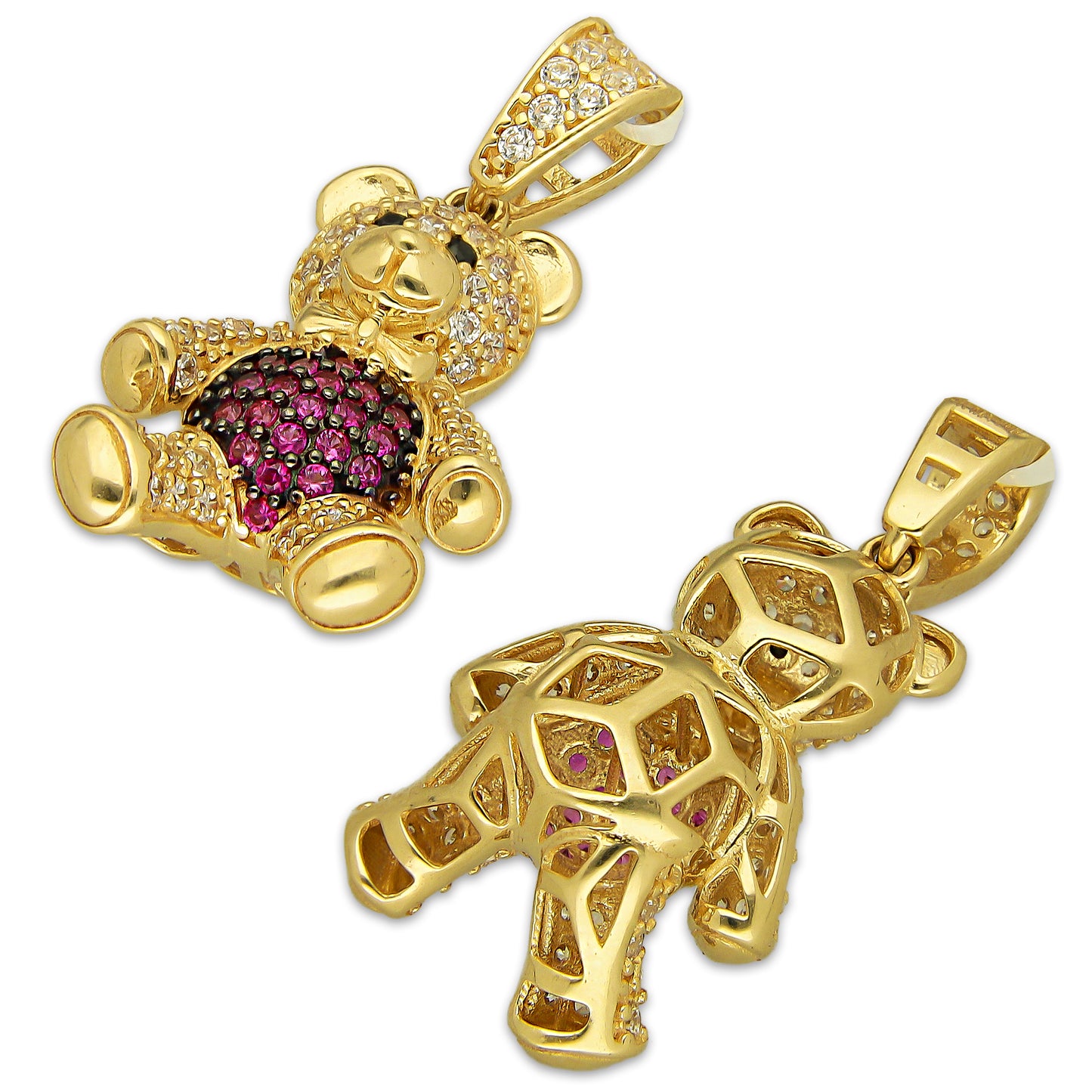 MR14DJ187 Dije Oro Sólido 14K EM Oso 3D Panza Rosa 1.5 cm x 2.9 cm