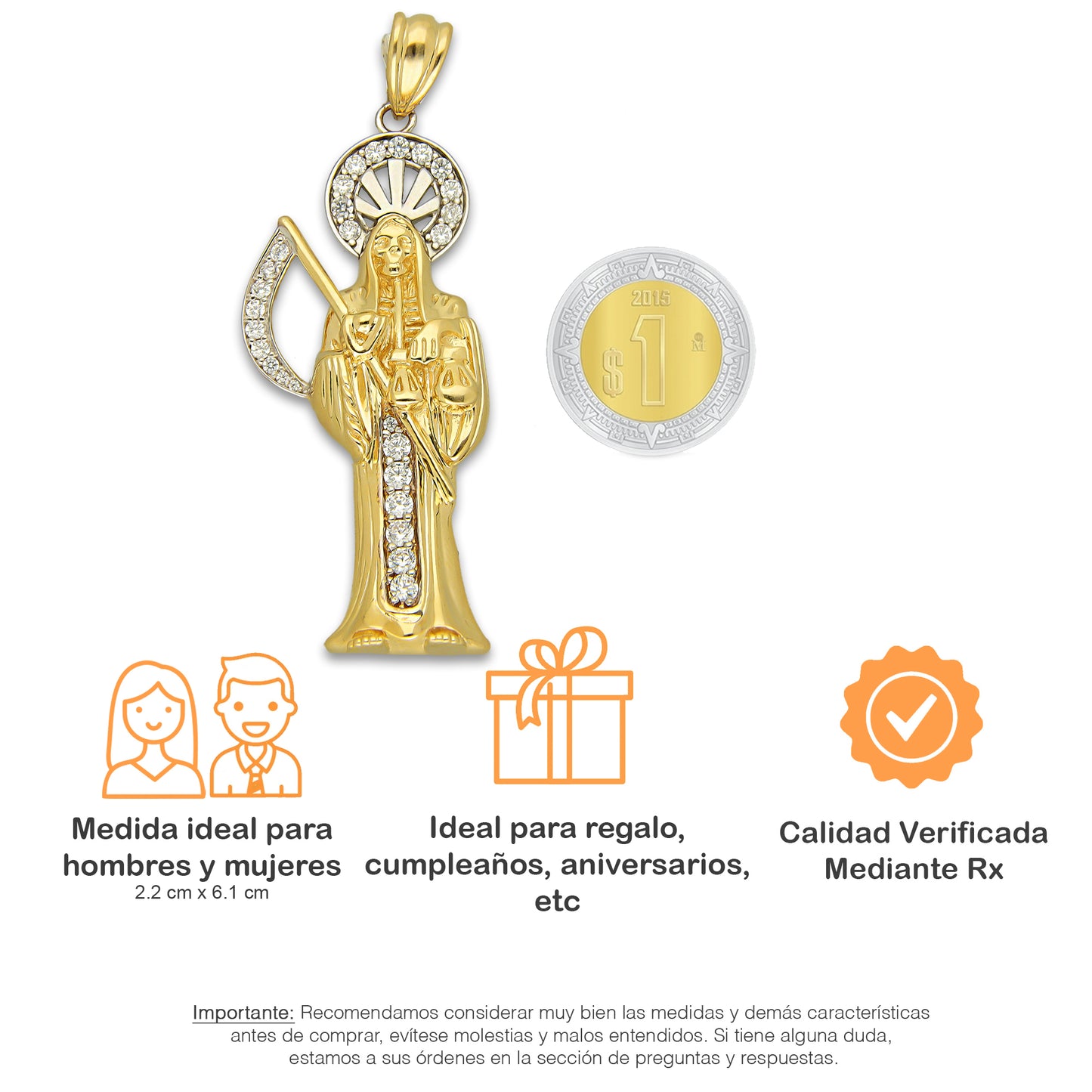 MR14DJ196 Dije Oro Sólido 14K EM Santa Muerte con Zirconia 2.2 cm x 6.1 cm