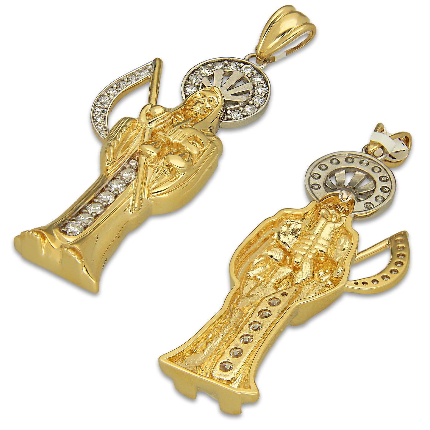 MR14DJ196 Dije Oro Sólido 14K EM Santa Muerte con Zirconia 2.2 cm x 6.1 cm