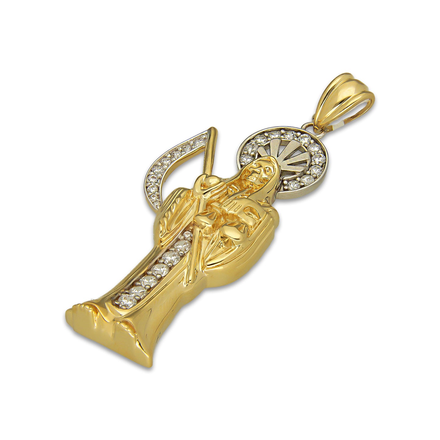 MR14DJ196 Dije Oro Sólido 14K EM Santa Muerte con Zirconia 2.2 cm x 6.1 cm