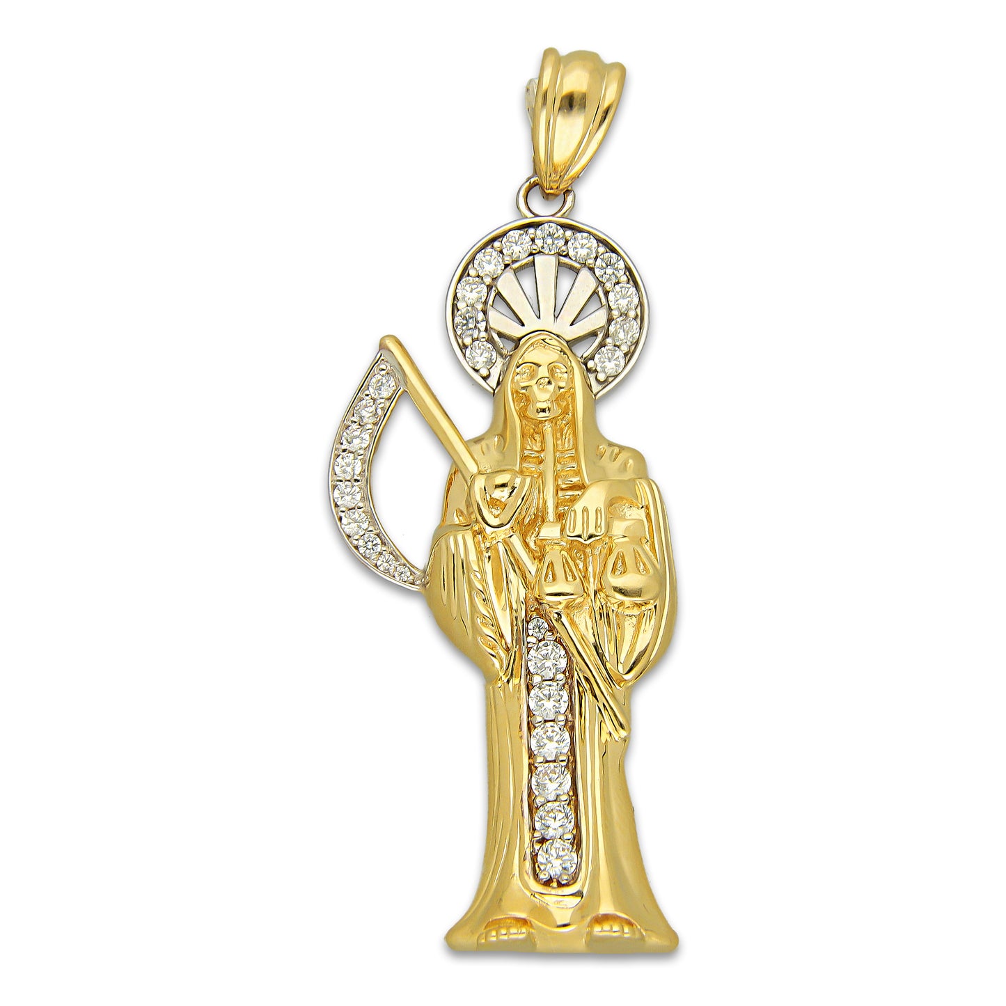 MR14DJ196 Dije Oro Sólido 14K EM Santa Muerte con Zirconia 2.2 cm x 6.1 cm