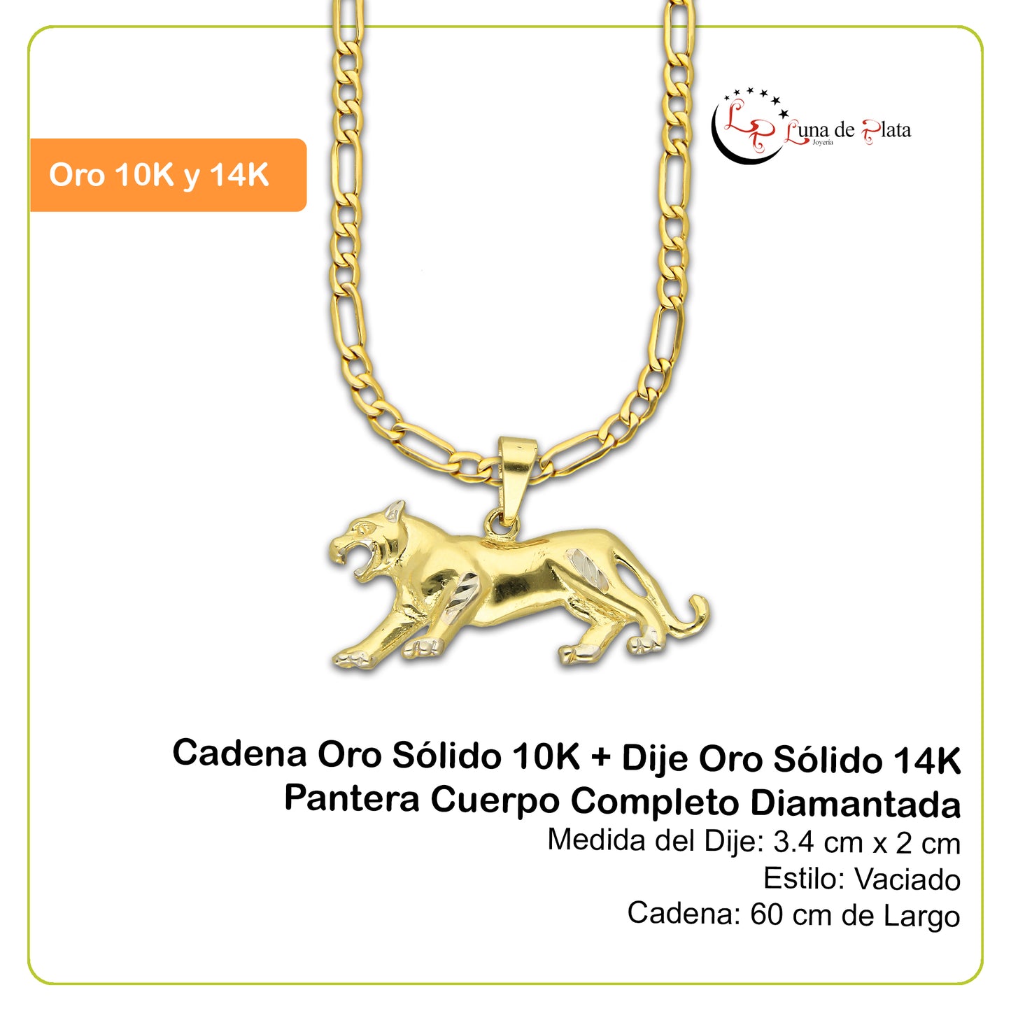 MR14DP005 Cadena Oro Sólido 10K + Dije Oro Sólido 14K Pantera Cuerpo Completo Diamantada 3.4 cm x 2 cm
