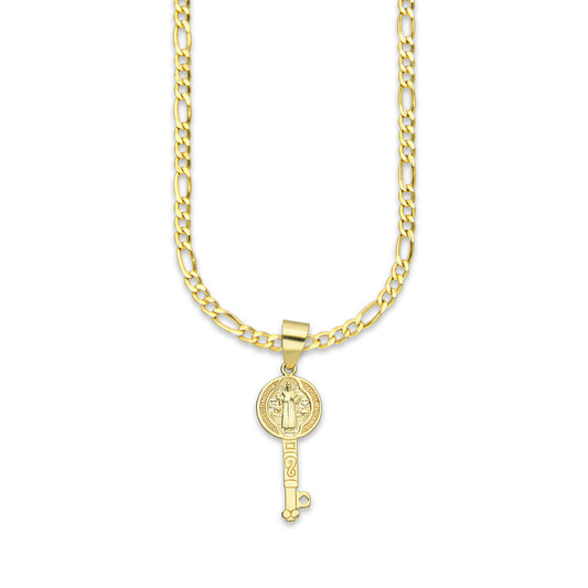 MR14DP012 Cadena Oro Sólido 10K + Dije Oro Sólido 14K EM Mod Llave de San Benito 0.9 cm x 2.8 cm
