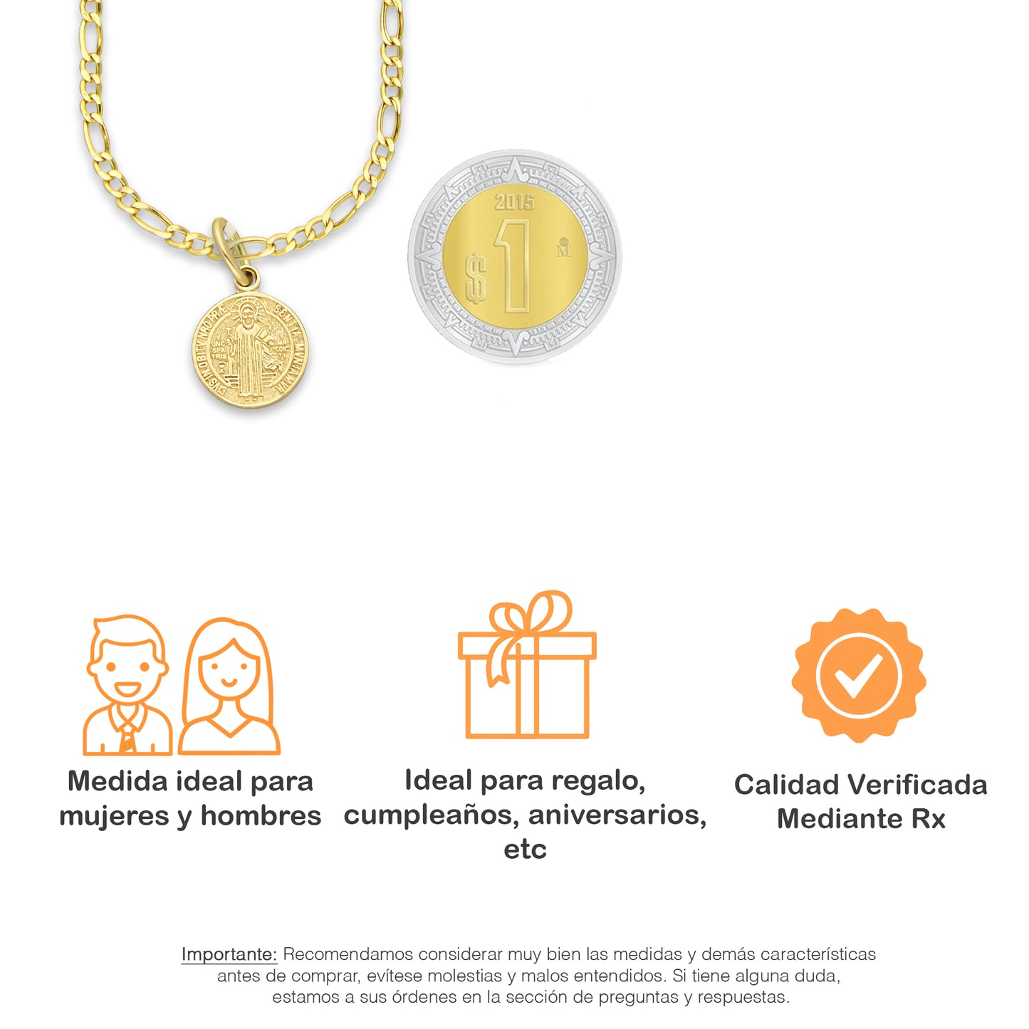 MR14DP014 Cadena Oro Sólido 10K + Dije Oro Sólido 14K EM Mod Medalla de San Benito Doble Vista Diámetro 1.1 cm