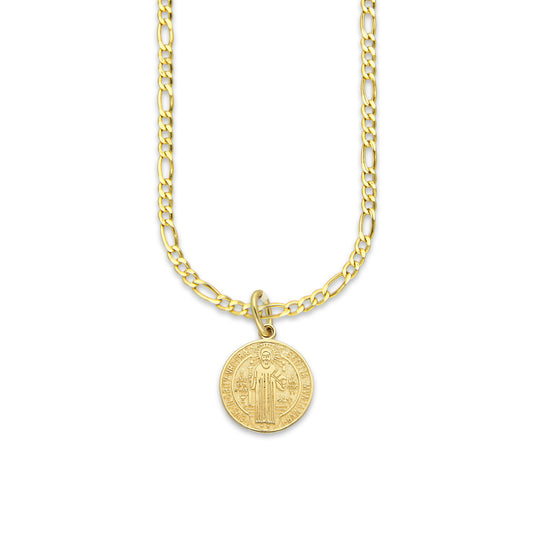MR14DP015 Cadena Oro Sólido 10K + Dije Oro Sólido 14K EM Mod Medalla de San Benito Doble Vista Diámetro 1.4 cm