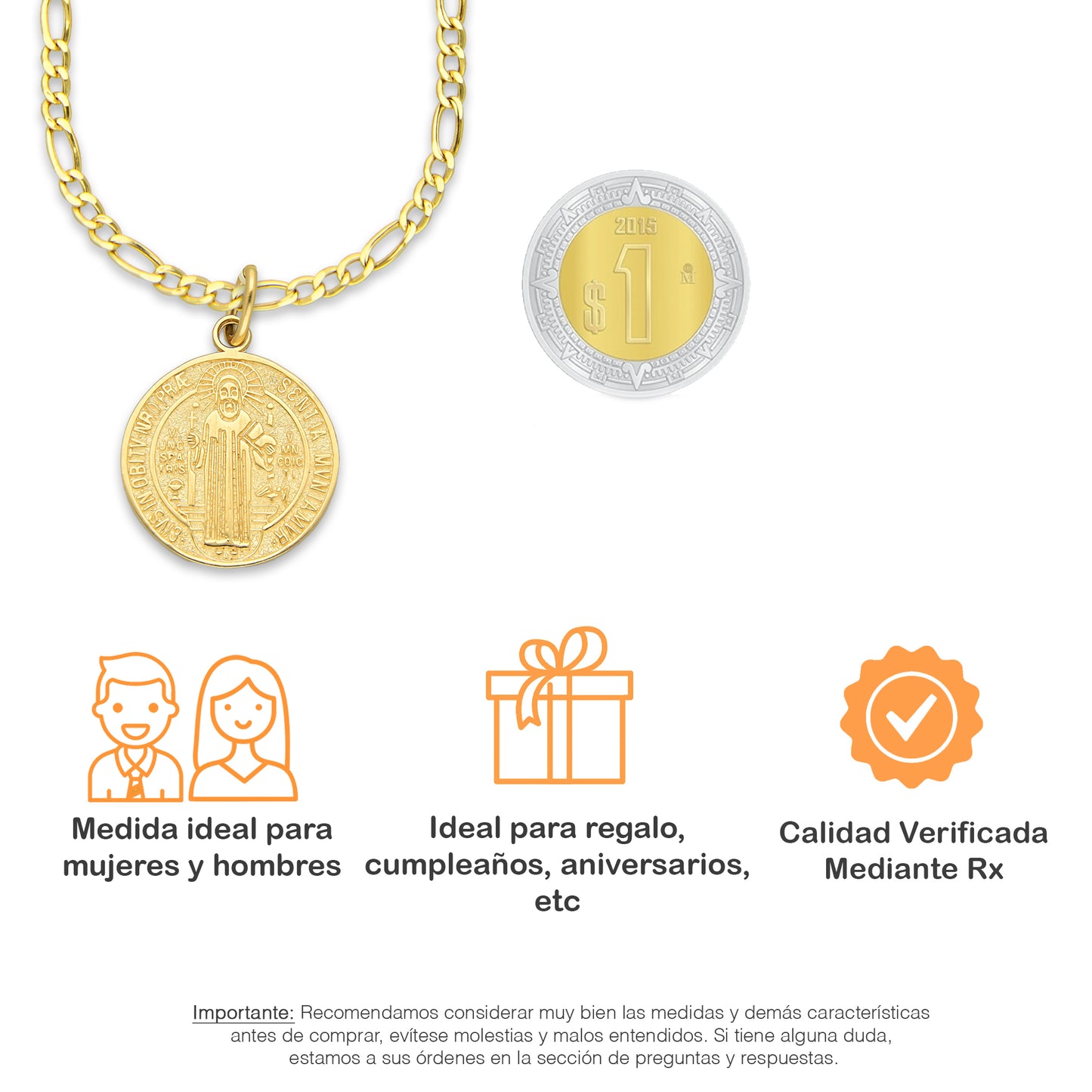 MR14DP016 Cadena Oro Sólido 10K + Dije Oro Sólido 14K EM Mod Medalla de San Benito Doble Vista Diámetro 1.9 cm