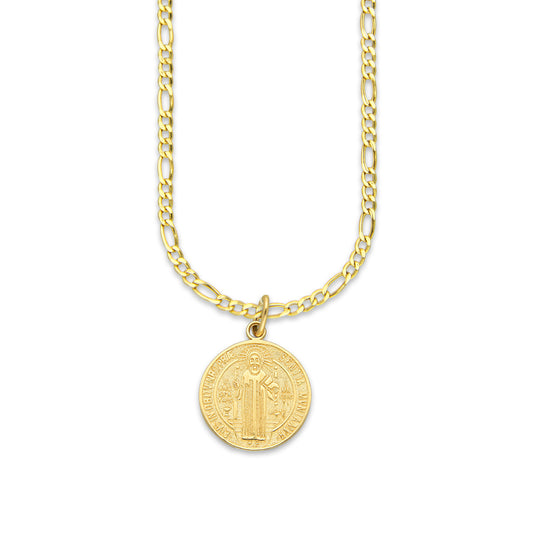 MR14DP016 Cadena Oro Sólido 10K + Dije Oro Sólido 14K EM Mod Medalla de San Benito Doble Vista Diámetro 1.9 cm