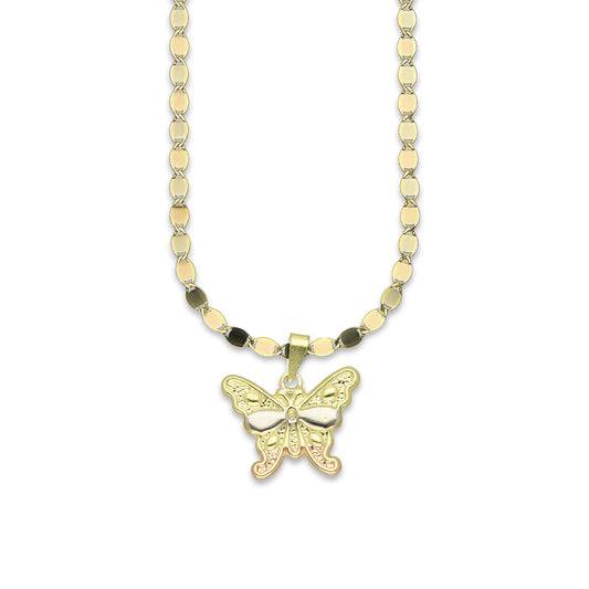 MR14DP020 Cadena Oro Sólido 10K + Dije Oro Sólido 14K Mariposa Troquelada Diamantada Florentino 1.8 cm x 2 cm