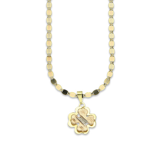 MR14DP021 Cadena Oro Sólido 10K + Dije Oro Sólido 14K Trébol 4 Hojas Troquelado Diamantado Florentino 1.3 cm x 2.2 cm