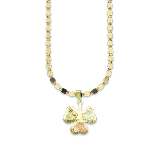 MR14DP022 Cadena Oro Sólido 10K + Dije Oro Sólido 14K Trébol Troquelado Diamantado Florentino 1.7 cm x 2.3 cm