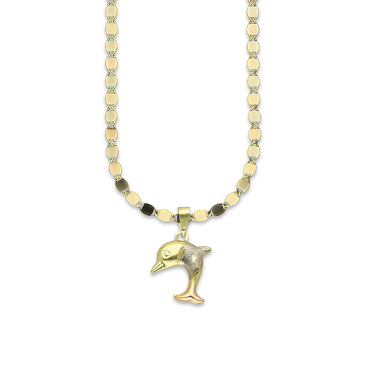 MR14DP023 Cadena Oro Sólido 10K + Dije Oro Sólido 14K Delfin Individual Troquelado Diamantado Florentino 1.3 cm x 2.1 cm