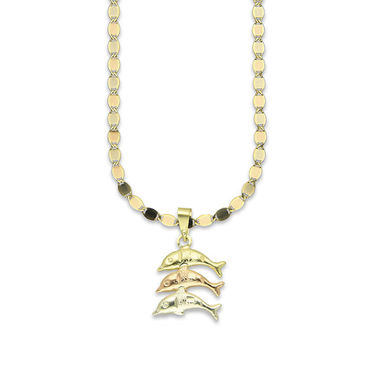 MR14DP024 Cadena Oro Sólido 10K + Dije Oro Sólido 14K Delfin Triada Troquelado Diamantado Florentino 1.3 cm x 2.3 cm