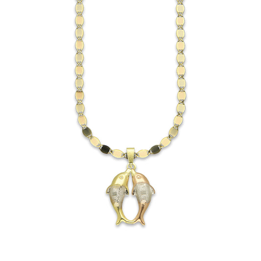 MR14DP025 Cadena Oro Sólido 10K + Dije Oro Sólido 14K Pareja Delfines Troquelado Diamantado Florentino 1.6 cm x 2.6 cm