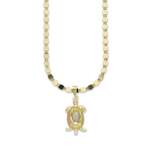 MR14DP026 Cadena Oro Sólido 10K + Dije Oro Sólido 14K Tortuga Troquelada Diamantada Florentino 1.1 cm x 2.7 cm