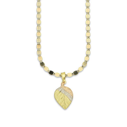 MR14DP028 Cadena Oro Sólido 10K + Dije Oro Sólido 14K Hoja Troquelada Diamantada Florentino 1.2 cm x 2.4 cm