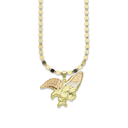 MR14DP029 Cadena Oro Sólido 10K + Dije Oro Sólido 14K Águila Troquelada Diamantada Florentino 2.8 cm x 2.3 cm