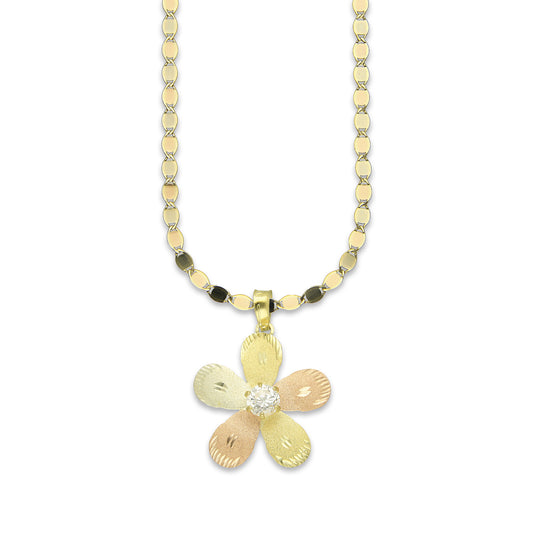 MR14DP030 Cadena Oro Sólido 10K + Dije Oro Sólido 14K Flor 5 Pétalos con Zirconia Diamantada Florentino 2.1 cm x 2.9 cm