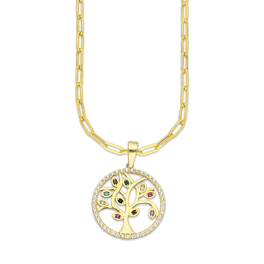 MR14DP068 Cadena Oro Sólido 10K + Dije Oro Sólido 14K EM Círculo Árbol de la Suerte con Hojas Multicolor 2.6 cm x 2.9 cm