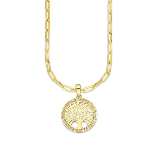 MR14DP069 Cadena Oro Sólido 10K + Dije Oro Sólido 14K EM Árbol de la Vida Bisel con Zirconias 1.6 cm x 2.3 cm