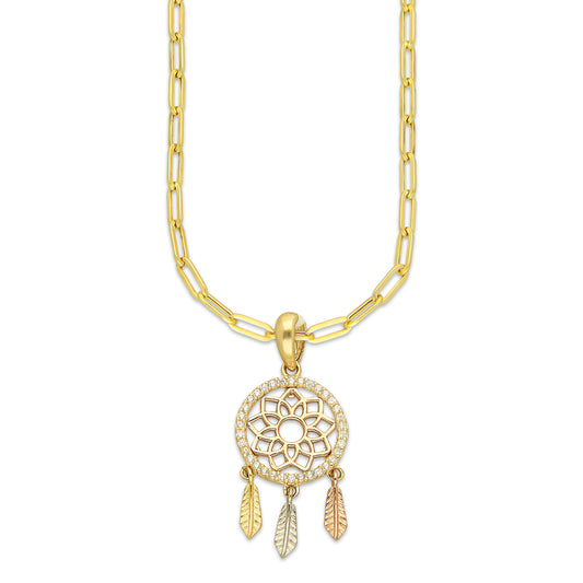 MR14DP071 Cadena Oro Sólido 10K + Dije Oro Sólido 14K EM Atrapa Sueños Florentino 1.4 cm x 3.2 cm