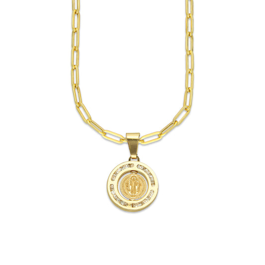 MR14DP074 Cadena Oro Sólido 10K + Dije Oro Sólido 14K EM San Benito Bisel con Zirconias 1.3 cm x 2.1 cm
