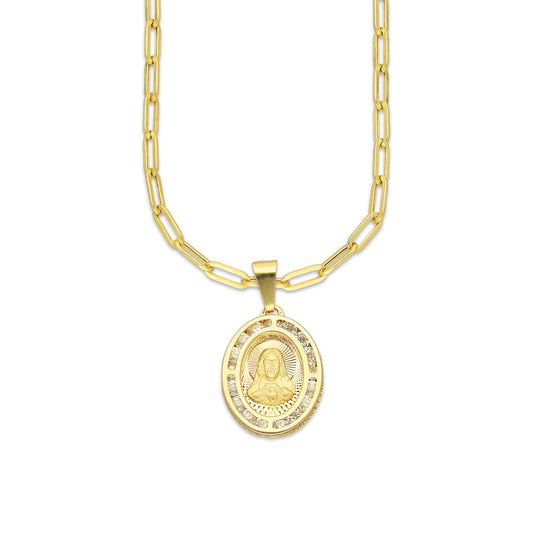 MR14DP075 Cadena Oro Sólido 10K + Dije Oro Sólido 14K EM Sagrado Corazón Ovalado con Zirconias 1.4 cm x 2.5 cm