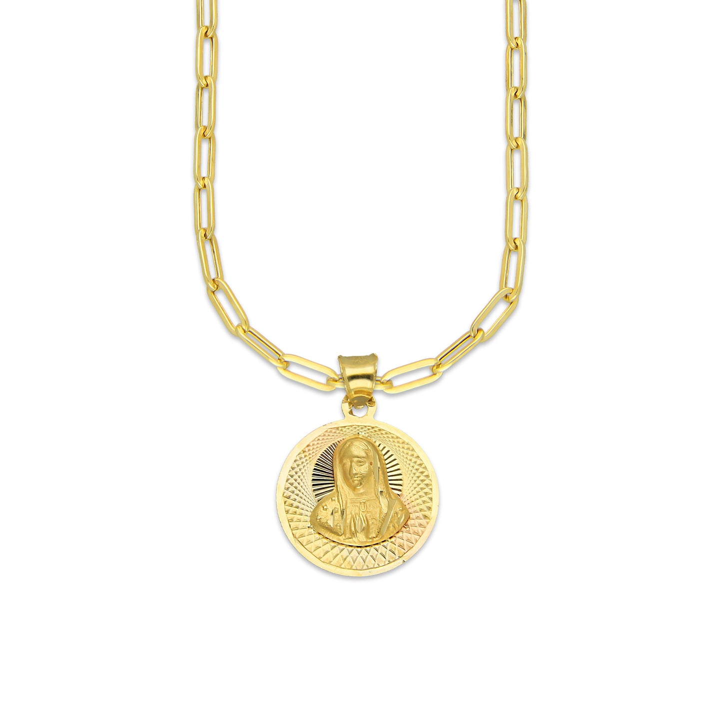 MR14DP077 Cadena Oro Sólido 10K + Dije Oro Sólido 14K EM Busto Virgen Redonda Diamantado Radial 1.6 cm x 2.3 cm