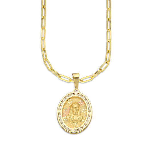 MR14DP078 Cadena Oro Sólido 10K + Dije Oro Sólido 14K EM Busto Sagrado Corazón Láser Florentino con Flores Láser Óvalo Bisel con Zirconias 1.7 cm x 3.1 cm