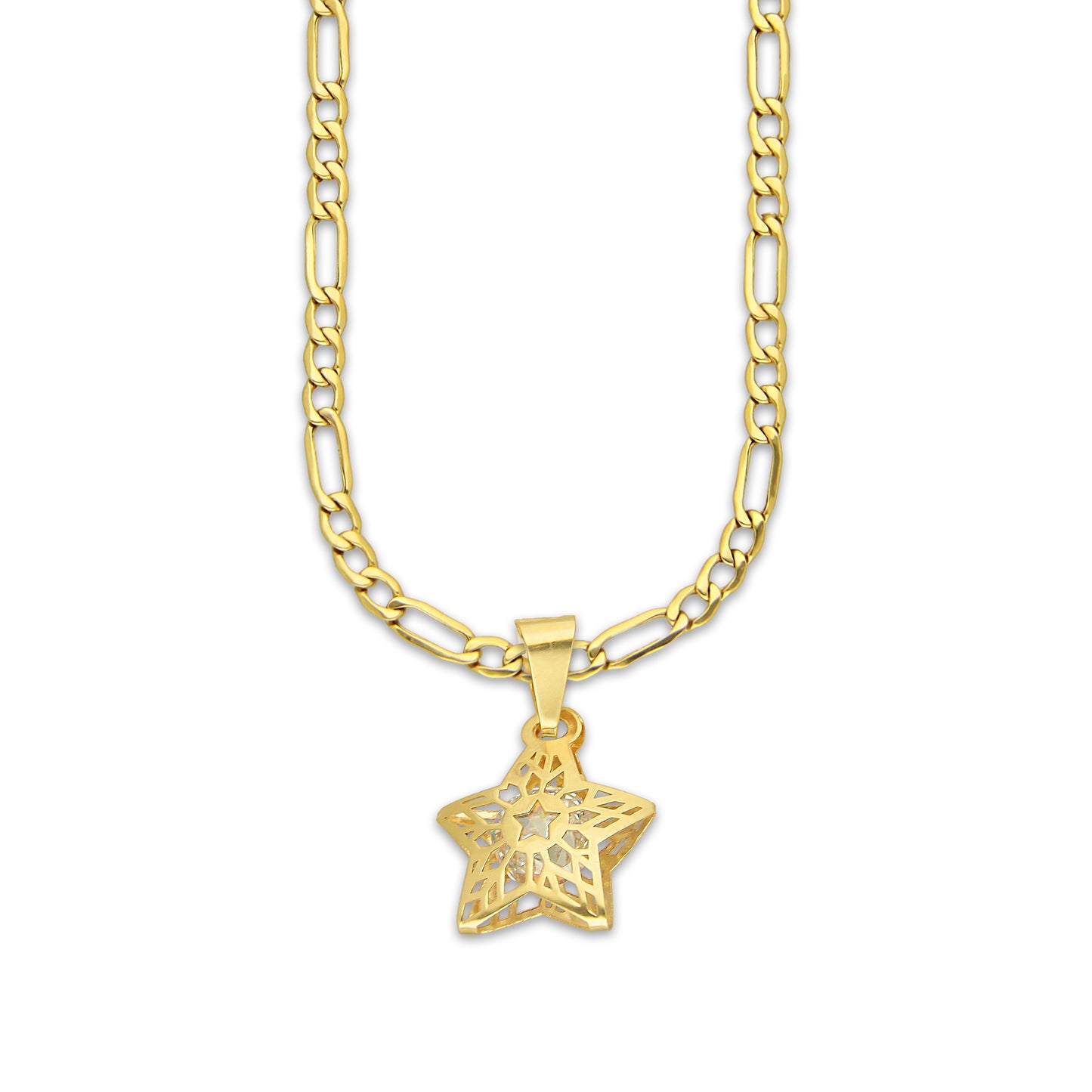 MR14DP080 Cadena Oro Sólido 10K + Dije Oro Sólido 14K EM Estrella 3D Jail 1.9 cm x 2.1 cm