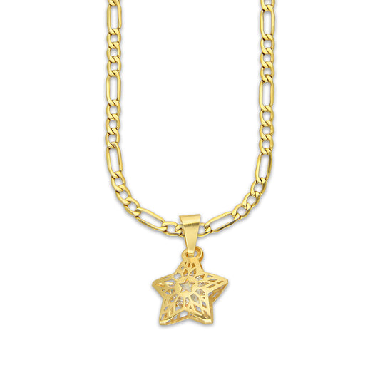 MR14DP080 Cadena Oro Sólido 10K + Dije Oro Sólido 14K EM Estrella 3D Jail 1.9 cm x 2.1 cm