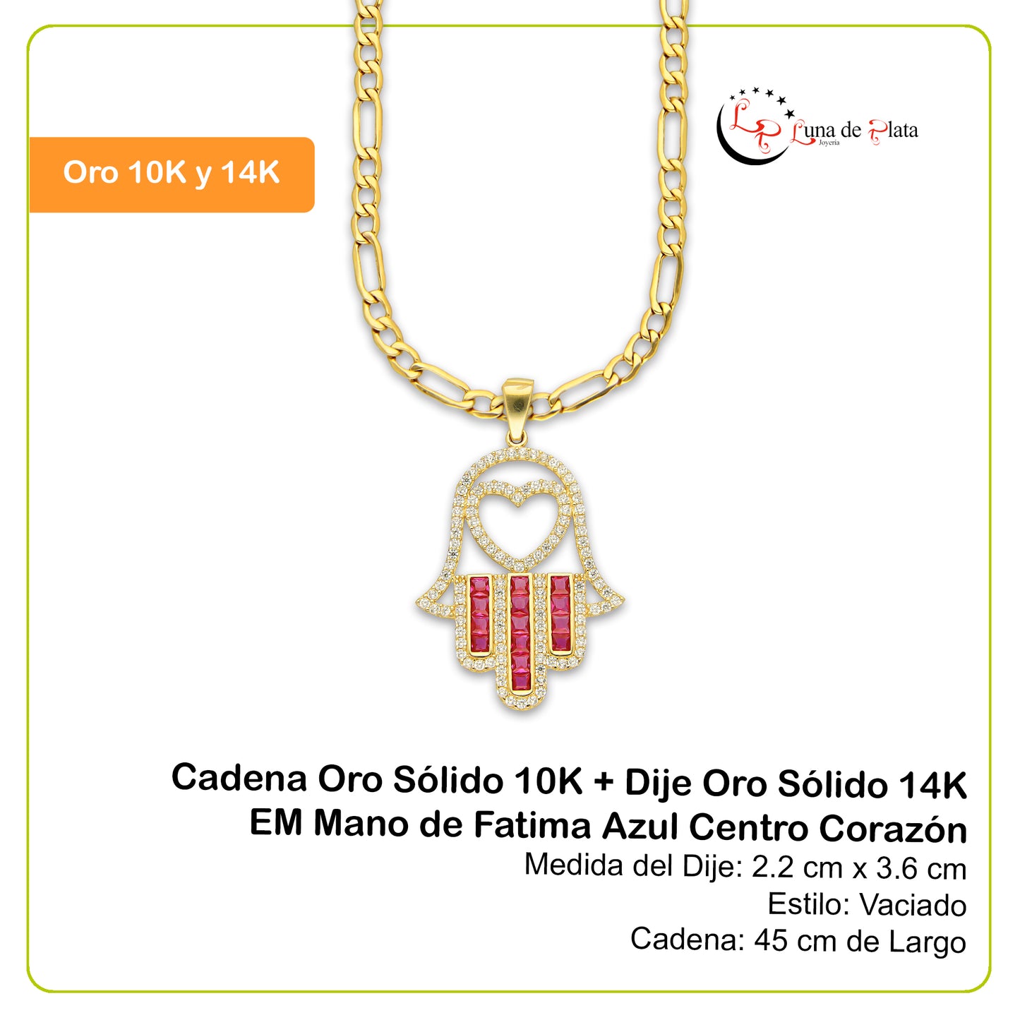 MR14DP085 Cadena Oro Sólido 10K + Dije Oro Sólido 14K EM Mano de Fatima Azul Centro Corazón 2.2 cm x 3.6 cm