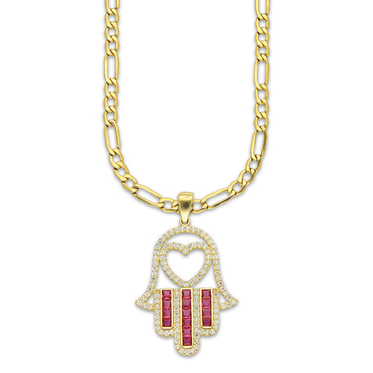 MR14DP085 Cadena Oro Sólido 10K + Dije Oro Sólido 14K EM Mano de Fatima Azul Centro Corazón 2.2 cm x 3.6 cm